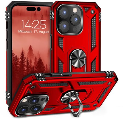 LBH Outdoor Hülle für Apple iPhone 14 Pro Max Armor Militär Stoßfest Handyhülle 360 Grad Metal Ring Halter Ständer Schutzhülle für Handyhalterung Auto Magnet Rot