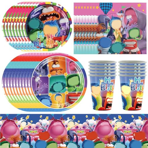 Inside Birthday Party Tableware, 51 pcs Cartoon Birthday Party Tableware, Inside Theme Supplies, Plates Cups Napkins Tablecloth, for Kids (10 Guests)