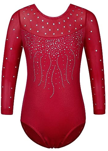 ZNYUNE Kinder Gymnastik Trikot mit Pailletten Mädchen Gymnastikanzug Langarm in Tüll B285 WineRed 4A