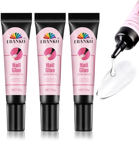 EBANKU 3PCS Nail Glue Solid Nail Glue Gel for Press On Nails Extra Strong Nail Glue for Acrylic Tips Quick Drying Semi Solid Nail Glue No UV Light Needed Long Lasting False Nail Glue Gel (10g x 3)
