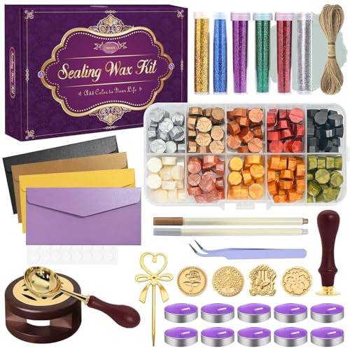 Siegelwachs Set, JUYRLE Kreative Bastelset Erwachsene DIY Set Wachssiegel Stempel Set Siegel Wachs Wax Seal Kit mit Siegelstempel, Schmelzlöffel, Umschläge, Wachssiegel, Als Geschenk für Geburtstag