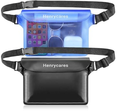 Henrycares 2 Stück wasserdichte Tasche Bauchtasche Schwimmen, IPX8 Wasserdichter Beutel Klein mit Verstellbarem Gurt, Wasserfeste Tasche für Boote, Strand, Tauchen, Wassersport (Schwarz+Blau)