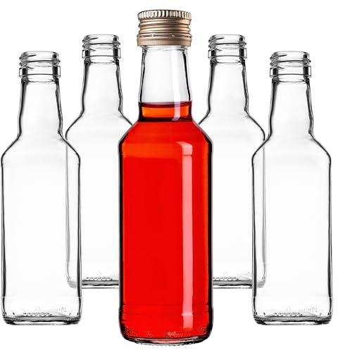 KADAX Glasflaschen zum Befüllen, 200ml, 50 Stück, leere Likörflaschen mit Schraubverschluss, Saftflaschen, Flaschen für Likör, Schnapsflaschen (Gold)