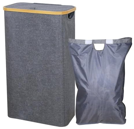60L Slim Laundry Basket, Washing Basket for Laundry, Foldable Hamper style Linen Bin with Lid and Removable Inner Bags, Oxford Fabric Dirty Clothes Bin with Bamboo Rim for Bedroom, Bathroom