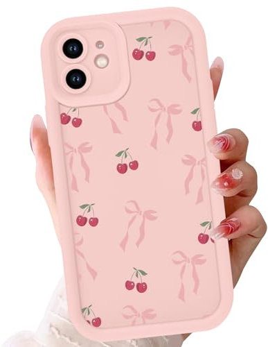 Phoona Case for iPhone 12 6.1, Cute Aesthetic Design Bow Cherry Preppy Pattern, Silicone Soft TPU Shockproof Protective Camera Cover Phone Case for Girls Women, Pink Bow