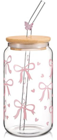 EujRcf Pink Bow Glass Tumbler, 16oz Iced Coffee Cup, Glass Tumbler with Straw and Lid, Bow Cup for Iced Coffee, Bubble Tea, and Cocktails, Elegant Gift for Women