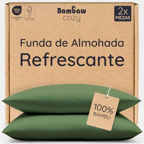Bambaw Federe di bambu 50x75 cm, Confezione da 2, Federa rinfrescante cuscino, Federa cuscino antiacaro, Per la cura di viso e capelli, Biancheria da letto traspirante per l’estate (Oliva)