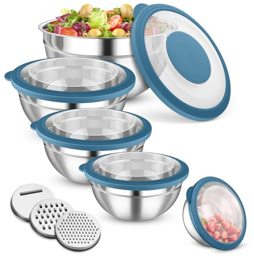 Onader Rührschüssel 5er Set, Edelstahl Salatschüssel mit Deckel, Blau | Metall Servierschüssel mit 3 Reibeaufsätzen für die Küche Mischen, Backen, 4,5L/3L/1,5L/1,2L/0,7L, Spülmaschinenfest