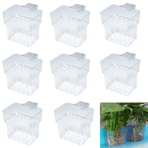 8 Stück transparente Aquarium-Pflanzenhalter mit Haken zum sicheren Aufhängen in Aquarien, Kunststoff-Pflanzkörbe für gesundes Wachstum (A)