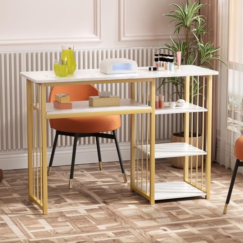 Hislaves Nagelschreibtisch für Nageltechnik, Maniküre-Tischstation mit Aufbewahrung, Marmorierplatte und goldenem Rahmen, tragbarer Nageltisch für Zuhause, Schönheitssalon, Spa