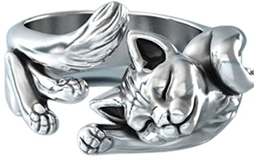 Ldbuejiaja Lustiges Haustier Für Katzenringe Silber Farbe Offener Ringschmuck Mädchen Lady Jubiläums Geburtstag Geschenk Zarte Ringkatze Ringe Frauen Männer