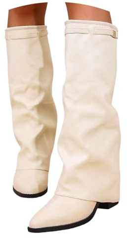 Stivali Alti Donna - Stivali Alti Donna Antiscivolo Stivaletti con Tacco Basso Eleganti Pelle Stivaletto Fashion a Punta Stivale al Ginocchio,Bianco,37