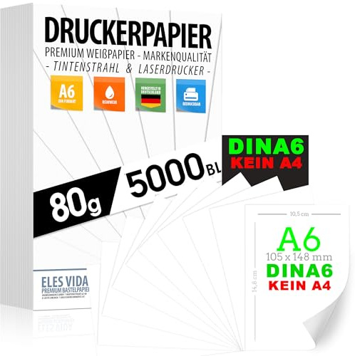 Druckerpapier 80g weiß DIN A6 – 5000 Blatt - 10,5 x 14,8 cm PREMIUM PAPIER Notizzettel - Kopierpapier, Laserdrucker & Tintenstrahl für Uni, Notizblock, Büro & Office - MADE IN GERMANY - ACHTUNG DIN A6