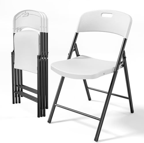 Bonnlo Klappstühle 4er Set aus Kunststoff, Faltbare Stühle mit Metallrahmen, Großer Spritzguss-Aufbau, bis 159 kg, Tragbare Gartenstühle für Innen & Außen – Partys, Camping, Schule & Büro, Weiß
