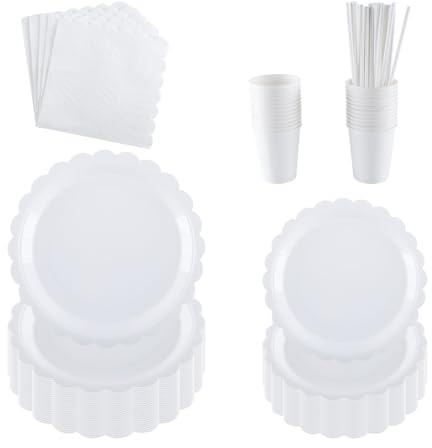PHUNAT White Scallop Party Plates Cups and Napkins Set for 25 Guests, Includes Paper Plates (7 & 9 inch), Cups, Napkins, Straws, Ideal for Baby Shower, Bridal Shower, Wedding, Birthday