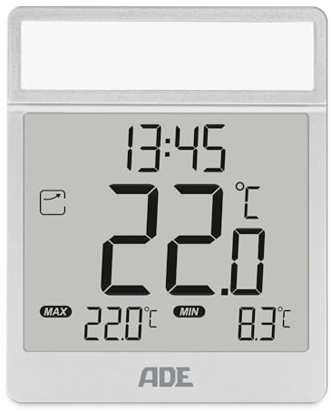 ADE Termometro digitale per finestre esterne, autoadesivo, resistente alle intemperie, IPX4, con ora, memorizza la temperatura minima e massima, colore argento