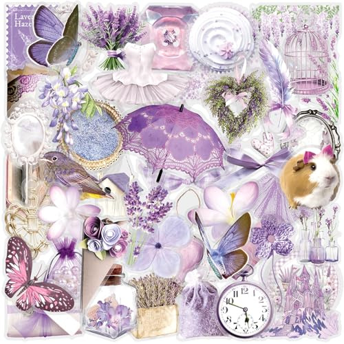 PRETTYSUNSHINE Aesthetic Lila Aufkleber 50 Stück, Kawaii Anime Sticker für Kindle, Koffer, Laptop, Fotoalbum, Journal, Scrapbook, Fahrrad, Wasserfest Transparenter PET-Aufkleber