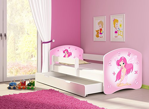 CLAMARO 'Fantasia Weiß' 160 x 80 Kinderbett Set inkl. Matratze, Lattenrost und mit Bettkasten Schublade, mit verstellbarem Rausfallschutz und Kantenschutzleisten, Design: 07 Pinke Fee