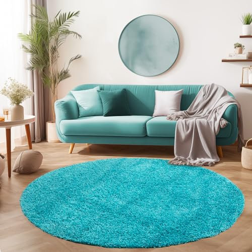 SIMPEX Flauschiger Teppich Wohnzimmer Schlafzimmer Läufer Flur Esszimmer Küchenteppich Hochflor Einfarbig Modernes Design 30 mm Florhöhe Kuschelweich, Türkis, 200 cm Rund