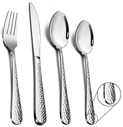 Cutlery Set, Stainless Steel 32 Piece Flatware Set for 8, Hammered Design Silverware Set for Big Family/Camping/Picnic, Eating Utensils with Knife Fork Spoon, Mirror Polish & Dishwasher Safe