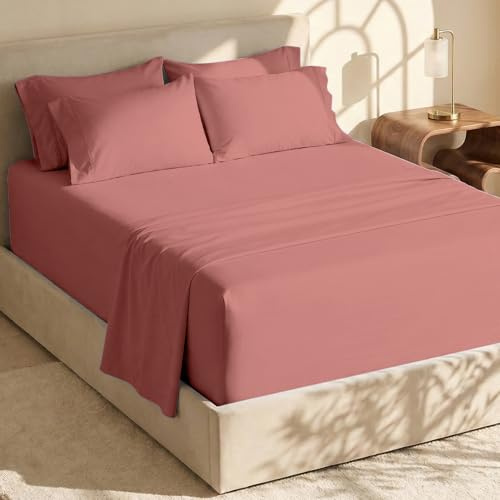 Hearth & Harbor Fits Mattress up to 21, Double Brushed Bedding Sheets & Pillowcases, Microfiber, Misty Rose, Split King Size