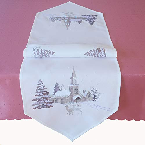 Raebel OHG Tischläufer Stickerei Weihnachtsdorf Kirche Elch Weihnachten weiß Silber Deko Weihnachtstischdecke (40 x 140 cm)