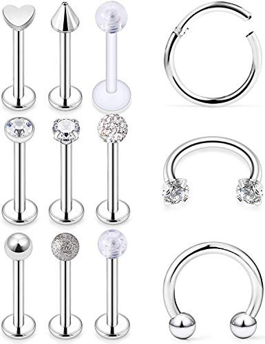 LAURITAMI 12stk Lippenpiercing Labret Stecker Ring Set 8mm Chirurgenstahl Piercing Lippe Helix Cartilage Daith Bars
