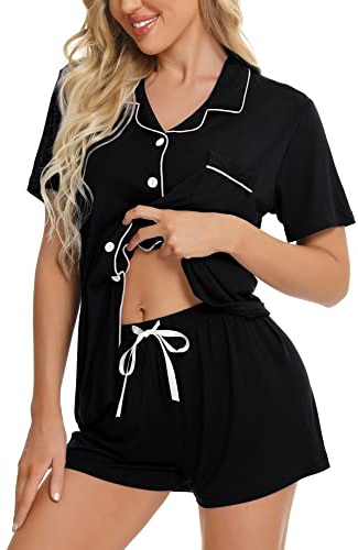 SWOMOG Womens Button Down Pajamas Set Short Sleeve Sleepwear Bride Soft Pj Lounge Sets XS-3XL Black Medium