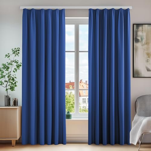 Deconovo Vorhang Blickdicht Gardinen mit Kräuselband Lärmschutz Kälteschutz Hitzeschutz 245x140 cm(HöhexBreite), Königsblau, 2er Set