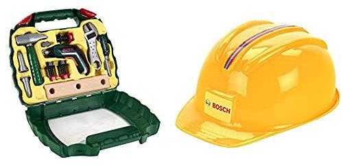 Theo Klein Bosch Ixolino Koffer I Mit Hammer, Schraubenschlüssel und vielem mehr I 26,6 cm x 32 cm x 8,8 cm & Bosch Handwerkerhelm I Der Spielzeughelm im Handwerker-Look I 5,8 cm x 19,5 cm x 11 cm