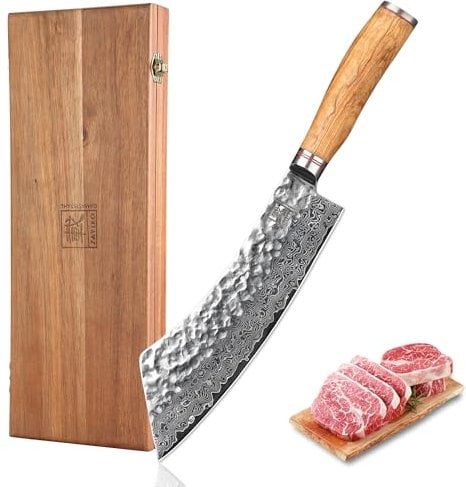 Wakoli Olive HS Damastmesser Blockmesser Hakata Bocho I 22,5 cm Klinge gefertigt aus 67 Lagen echtem Damaststahl mit edlem Olivenholzgriff und Hammerschlag I Premium Küchenmesser & Profi Kochmesser
