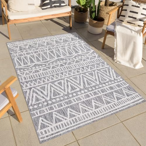 carpet city Teppich Outdoor Wetterfest - Grau - 280x380 cm - Ethno-Look - Balkon Teppich Wasserabweisend - In-& Outdoor Teppiche für Terrasse, Garten, Küche, Bad oder Wohnzimmer