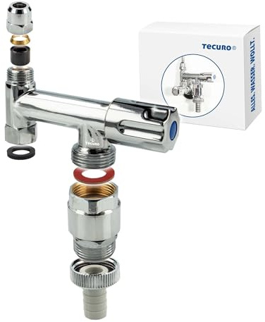tecuro - Gerätezusatzventil Eckfix mit Rohrbelüfter, Anschluss Wasch- Spülmaschine, Messing, 3/4 x 3/8 Zoll, Rückflussverhinderer, Qu-Verschraubung