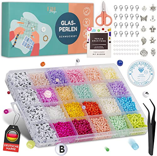 FLH® Perlen zum Auffädeln - Glasperlen (3mm) Perlen Set mit Anleitung - Armbänder selber machen - für Kinder und Erwachsene - Schmuck Set