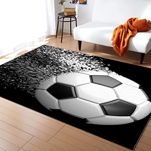 JOKITA Teppich Schlafzimmer Modern Schwarzer Fußball 3D Schwarzer Fußball Wohnzimmer Teppich Schwarzer Fußball Dekoration Carpet rutschfeste Teppiche, 140 x 200 cm