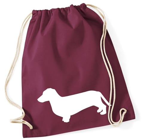 Huuraa Turnbeutel Dackel Silhouette Geschenk | Sportbeutel 12 Liter Burgundy Baumwolle Dunkelroter Rucksack Geschenkidee Unisex Beutel mit Kordelzug Baumwollbeutel