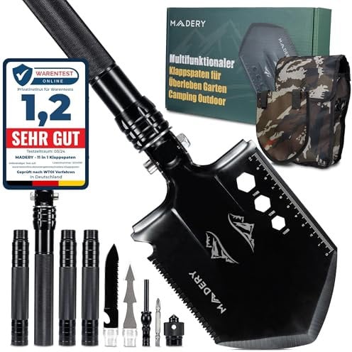 MADERY 11IN1 Klappspaten | Robuste, rostfreie Survival Ausrüstung aus hochwertigem Stahl | Klappschaufel für Outdoor, Überleben, inkl. Feuerstahl & Tasche, Geschenk für Männer