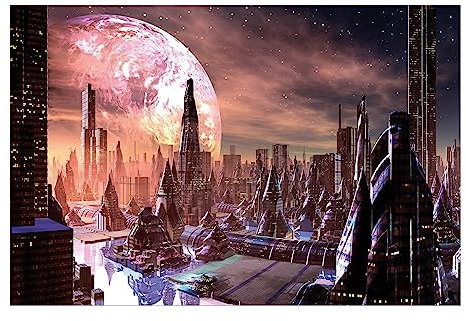 Bilderwelten Fototapete Gaming Sci-Fi Stadt mit Planeten 290 x 432 cm Vlies-Tapete XXL Smart Wandtapete Wanddekoration Wohnzimmer Schlafzimmer