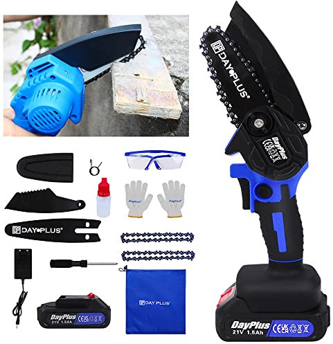Mini Tronçonneuse Électrique Sans Fil 4 Pouces Tronçonneuse a Batterie Portable Scie a Chaîne Électrique Elagueuse pour la Coupe du bois, l'élagage le Jardin, avec 2 Chaînes, 1 Batterie