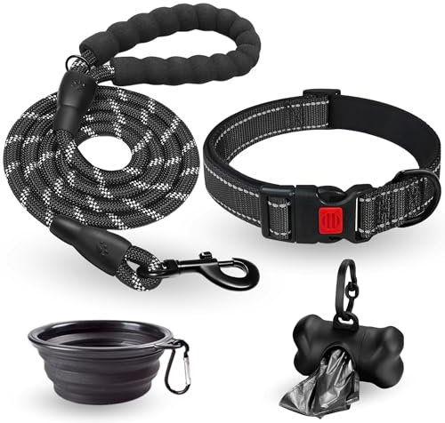 Collar de Perro Ajustable y Acolchado con Neopreno - Correa Perro 1,5m Reflectante - Cuenco Plegable y Dispensador con 15 Bolsitas - para Perros Pequeños Medianos y Grandes