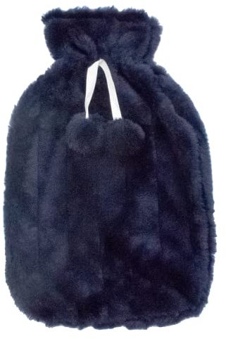 Large Fluffy Hot Water Bottle Cover – Cover Only (Hot Water Bottle not Included) – One Size for 2 Litre Bottle – Navy with Pom Poms– by TRIXES