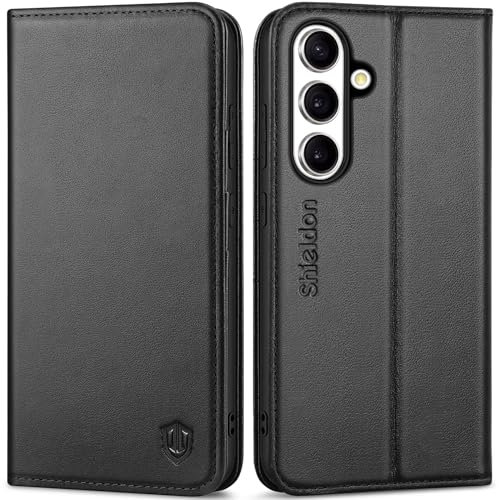SHIELDON Hülle für Galaxy S24 5G, Echtleder Handyhülle [3 Kartenfächer] [RFID Blocker] [Ständer] Stoßfest TPU Innenhülle Case Schtuzhülle Klapphülle Kompatibel mit Galaxy S24 2024 6,2 - Schwarz