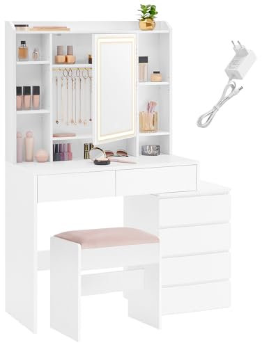 VASAGLE Schminktisch mit LED-Beleuchtung, Hocker, Frisiertisch mit Spiegel, Schubladen, offenen Fächern, verstellbaren Ablagen, einstellbare Helligkeit, modern, wolkenweiß RDT125W01