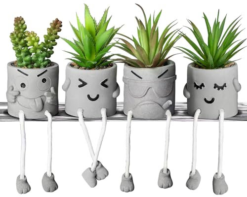 INFTYLE Kreative künstliche Sukkulenten in Töpfen – Mini-Sukkulenten, emotionaler Zement, für Zuhause, Schreibtisch, Regal, Küche und Büro, 4 Stück, FZDR-1