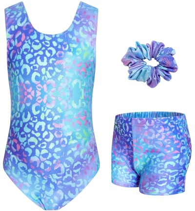 JiAmy Maillot Gimnasia Ritmica para Niña, Maillot Ballet Cuello redondo Maillot Disfraz Gimnasta Incluyendo Hairband Pantalones cortos Niña de 6-7 años