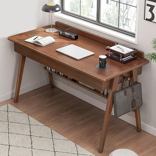 Home Office Desk with Drawers & Solid Wood Legs, Mid Century Modern Writing Table PC Worktable with Shelf, Study Desk for Bedroom/Living Room/Study/Workstation(120x55x82cm(47x22x31inch), Brown)