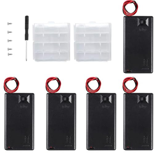 VISSQH 5 pcs AAA battery holder,3 x 1.5V AAA Plastic battery holder with ON/Off Switch & Wire Leads & Cover+2 PCS Plastic Battery Storage Box(Black)