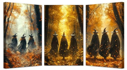 JOSUE 3er Set Orange, schwarz Halloween GemäLde Painting Bilder Leinwand, Hexe Halloween Decorations Bild Kunstdrucke Wohnzimmer Deko Xxl-50x70cmx3 Gerahmt