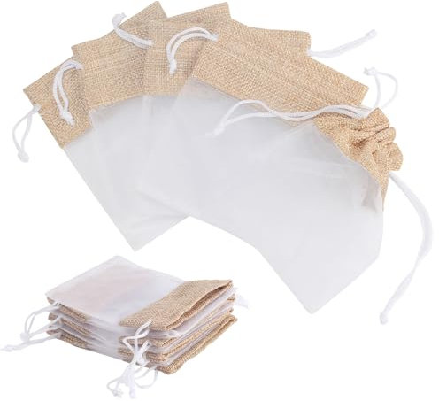 KINDPMA 30 Piezas Bolsas de Regalo de Organza 10x12cm Pequeñas Bolsas de Organza con Cordón Organza Transparente Empalme Bolsas de Yute Bolsas de Organza para Joyería Boda Dulces