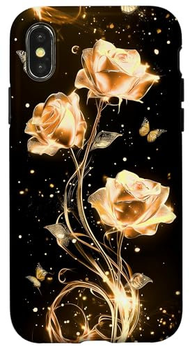 Goldene Rosen mit Schmetterlingen Feminine Floral Aesthetic Hülle für iPhone X/XS